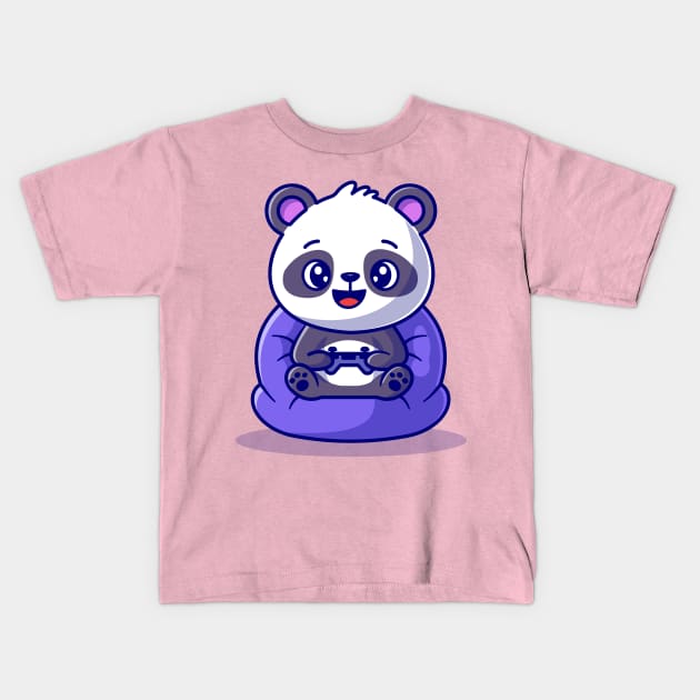 Cute Panda On Playing Game Cartoon Kids T-Shirt by Catalyst Labs